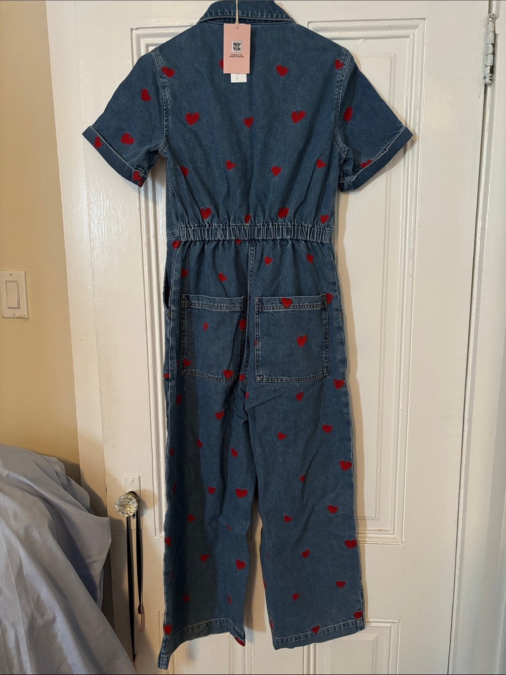 Lucy & Yak Blue Denim Jumpsuit with Red Heart Print - Picture 2 of 3